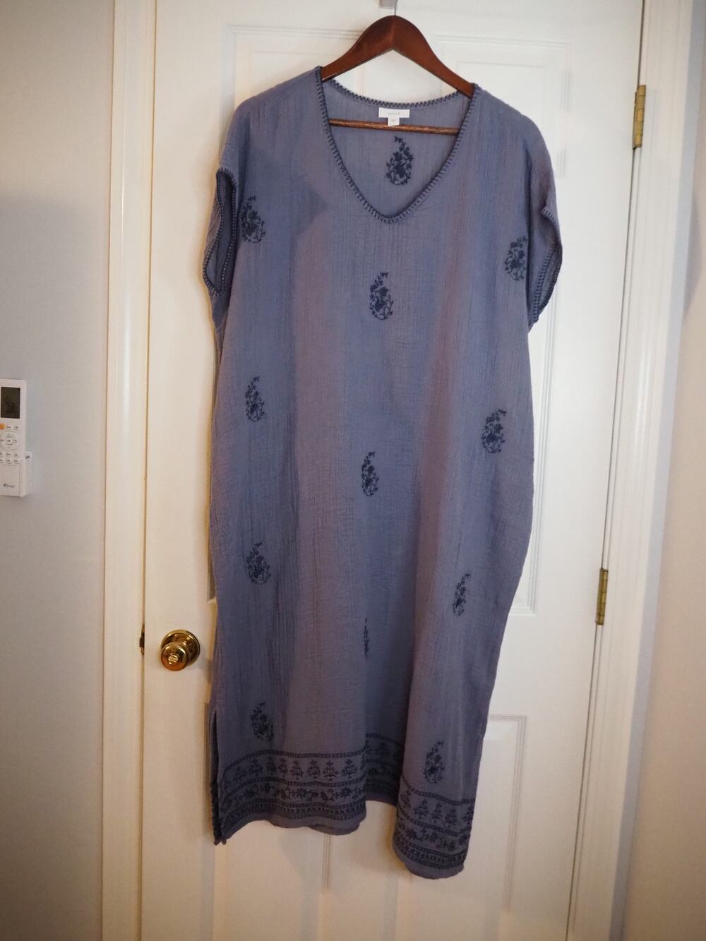 Pure Jill J. Jill Women's L Blue Cotton Gauze Embroidered Kaftan Midi Dress Boho